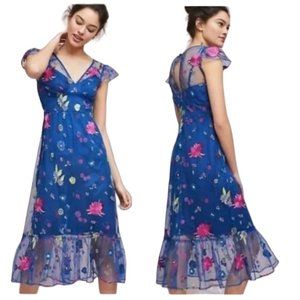 Anthropologie Tracy Reece Embroidered Floral Sz 16 Blue Tiered Midi Dress